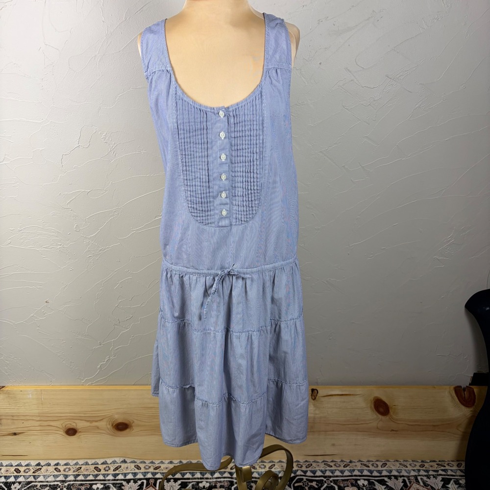 Gap Shirt Dress Blue Sleeveless Tiered Seersucker XL Cottagecore Coastal